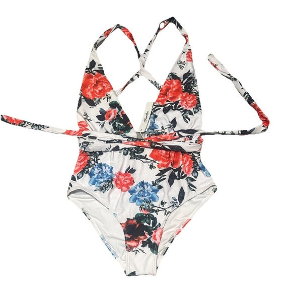 Brazilian women’s *S Low Plunge Front one piece floral swimsuit multiway tie NEW - Picture 2 of 8
